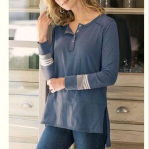 Soft Surroundings Fairmont Henley Long Sleeve Top Blue XS